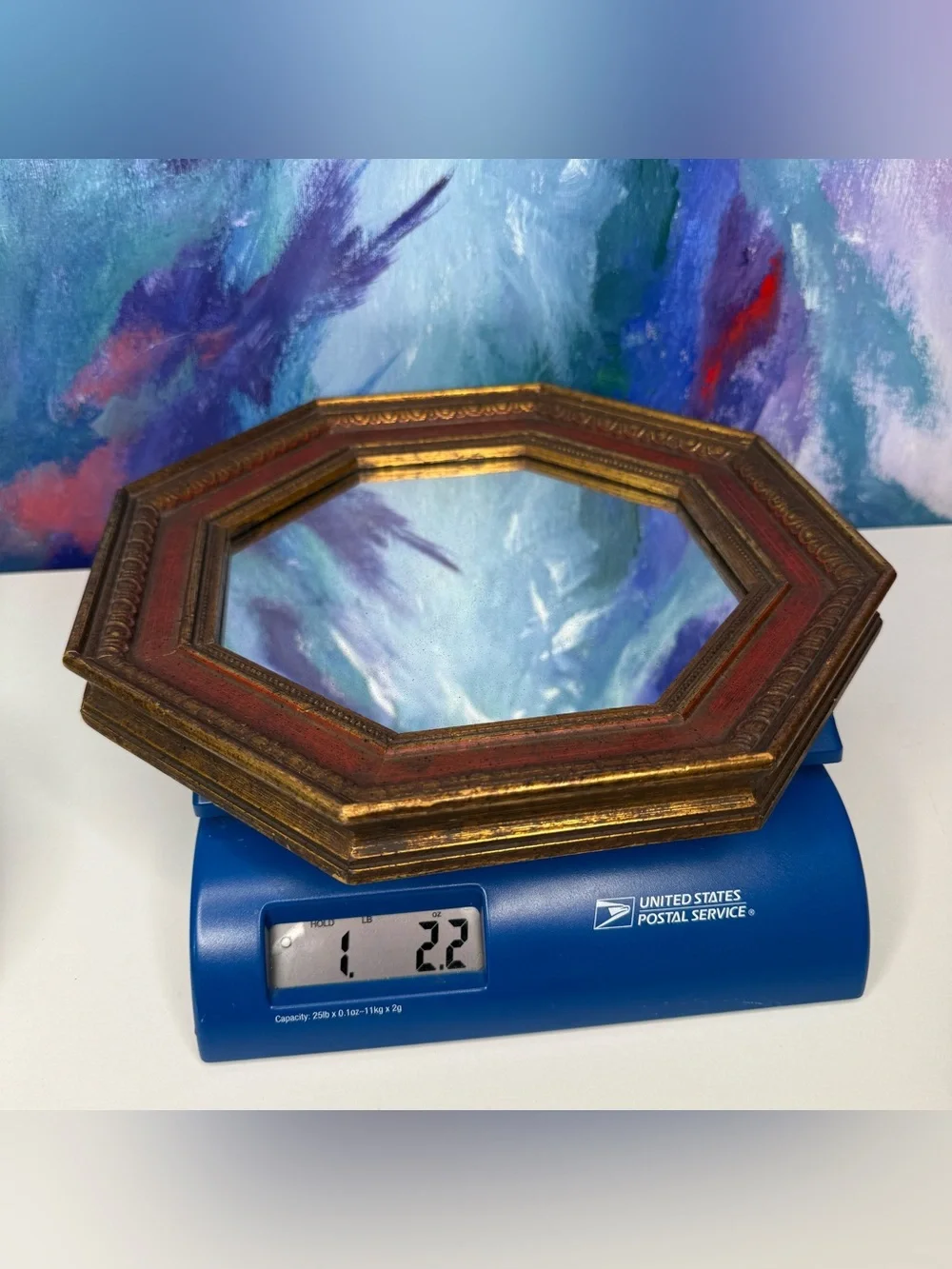 Vintage Octagon Mirror Sungott Art Studios Gold & Red Wood Frame Art Deco
